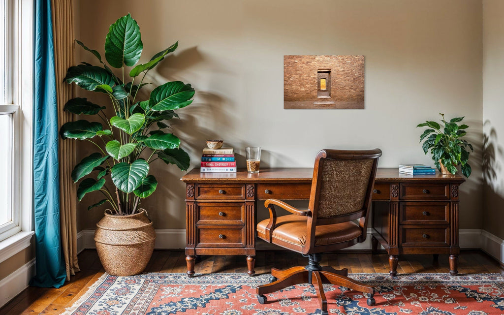 A piece of New Mexico art showing a Chaco Canyon photo hangs in an office.