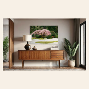 A piece of Portland art showing the cherry blossoms at the Japanese Garden hangs in an entryway.