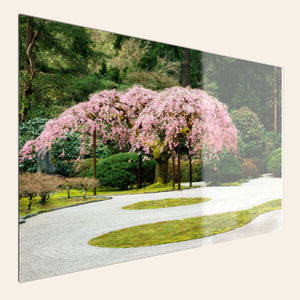 A piece of TruLife acrylic Portland art shows the cherry blossoms at the Japanese Garden.