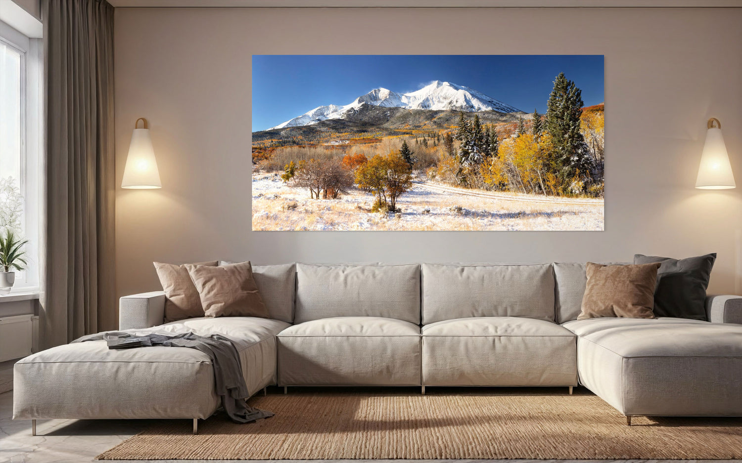 This piece of Colorado wall art showing a Mount Sopris photo hangs in a living room.