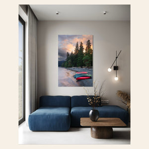 A piece of Washington art showing a Lake Crescent photo hangs in a living room.