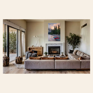 A piece of Washington art showing a Lake Crescent photo hangs in a living room.