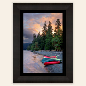 A piece of framed Washington art shows a Lake Crescent photo.