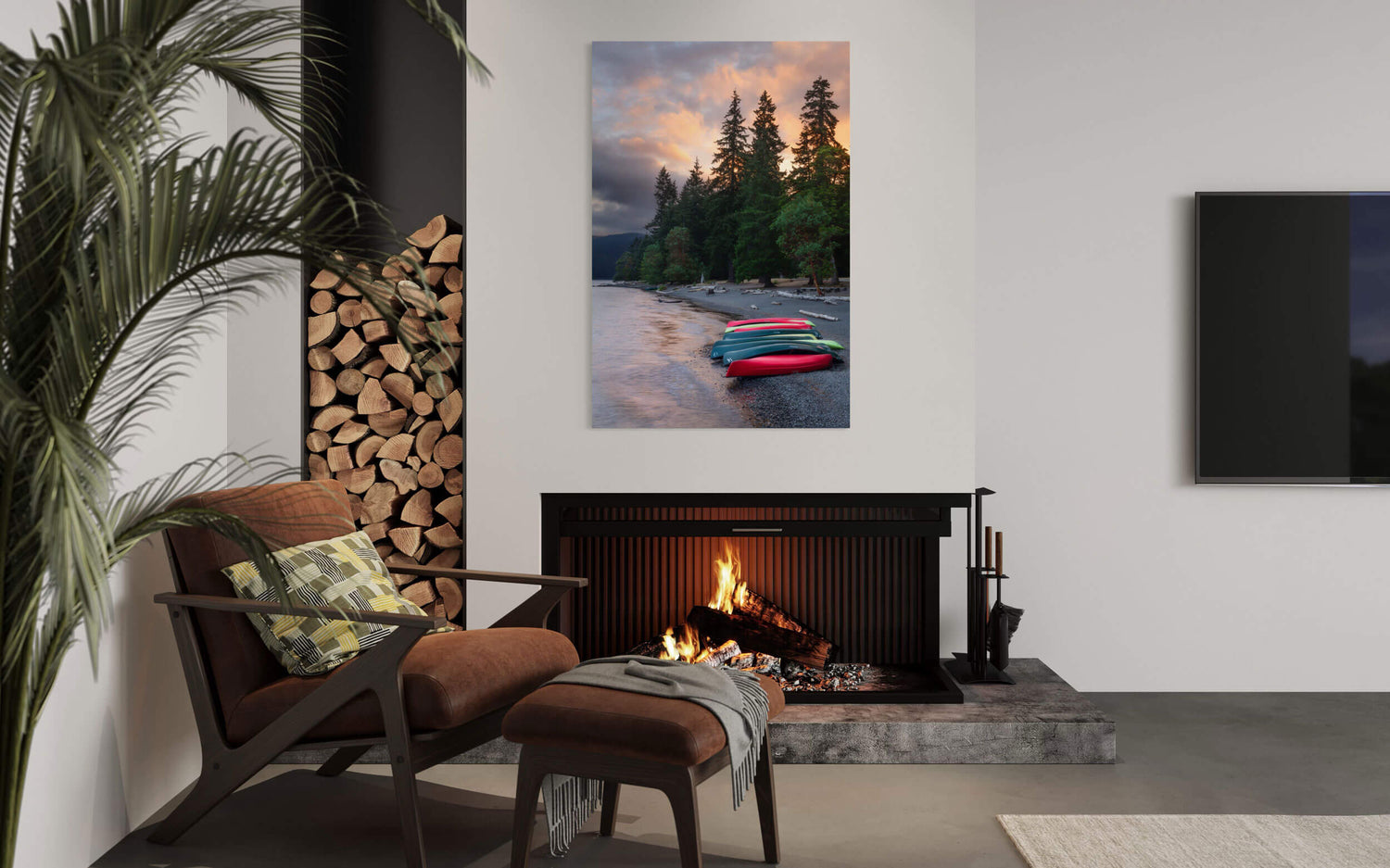 A Crescent Lake picture from Washington hangs in a living room.