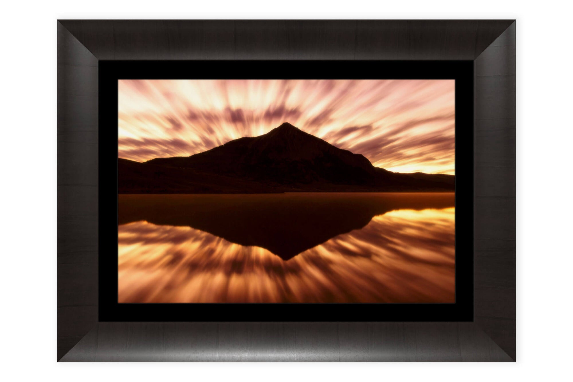 This piece of framed Crested Butte art shows a sunrise picture from Peanut Lake.
