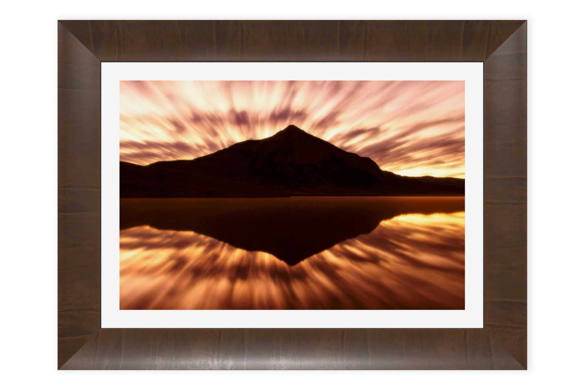 This piece of framed Crested Butte art shows a sunrise picture from Peanut Lake.