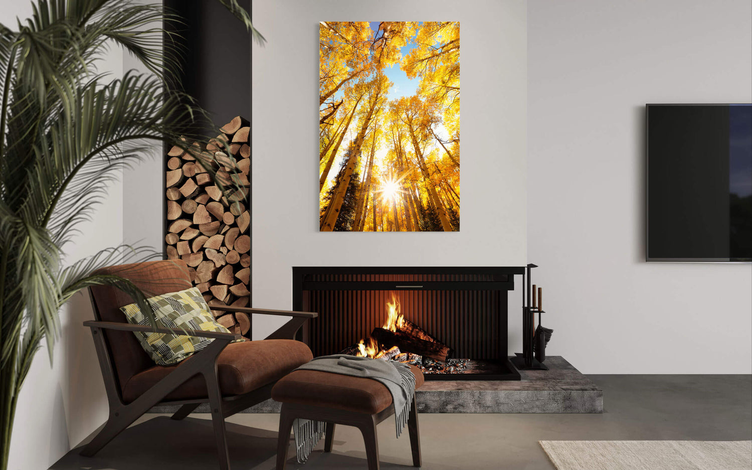 A Kebler Pass picture showing the Crested Butte fall colors hangs in a living room.