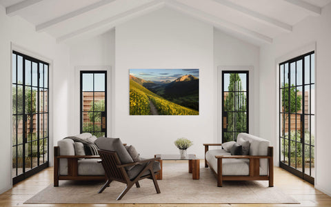 A Crested Butte wildflower picture from a popular hiking trail hangs in a living room.