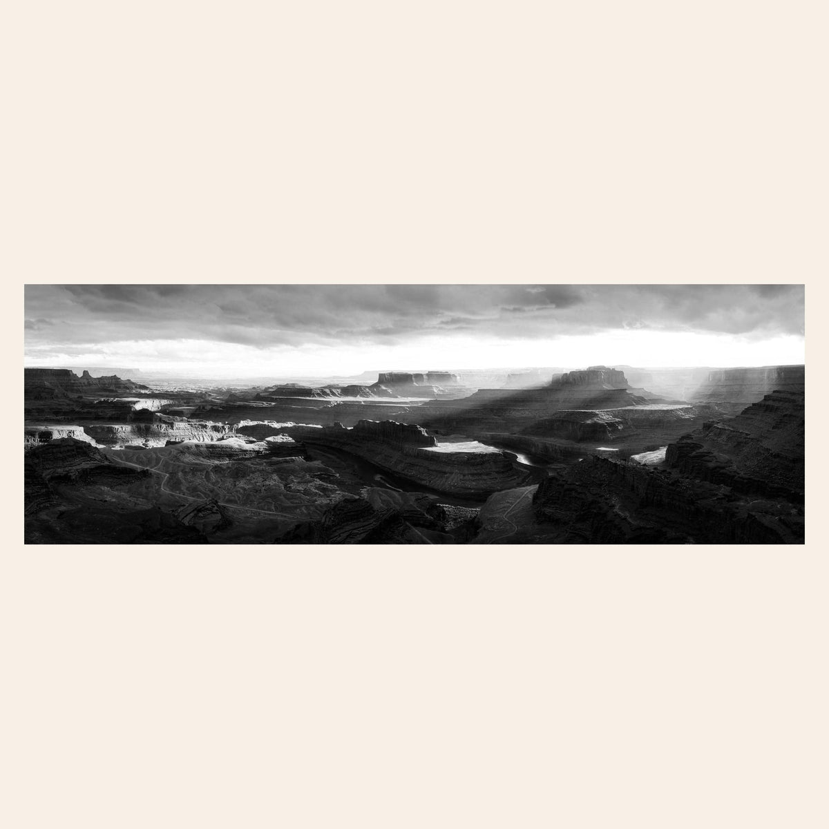 A piece of black and white panorama wall art from Dead Horse Point in Utah.