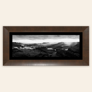 A framed piece of black and white panorama wall art from Dead Horse Point in Utah.