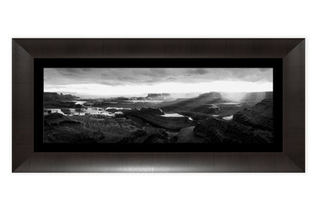 A framed black and white panorama Dead Horse Point State Park picture.