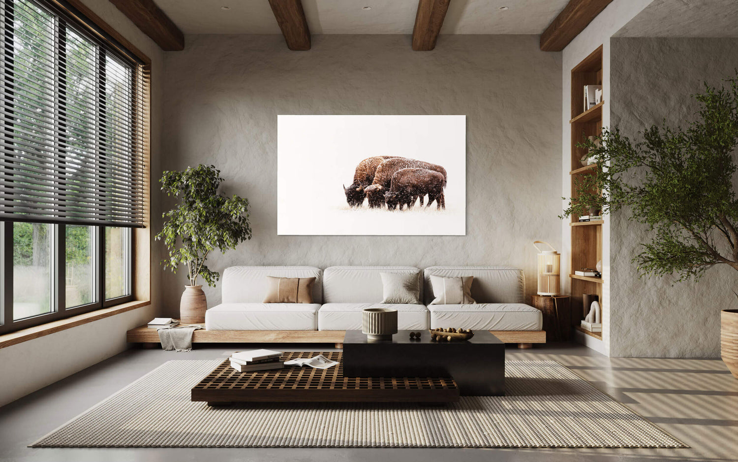 A picture of bison in the snow outside of Denver hangs in a living room.