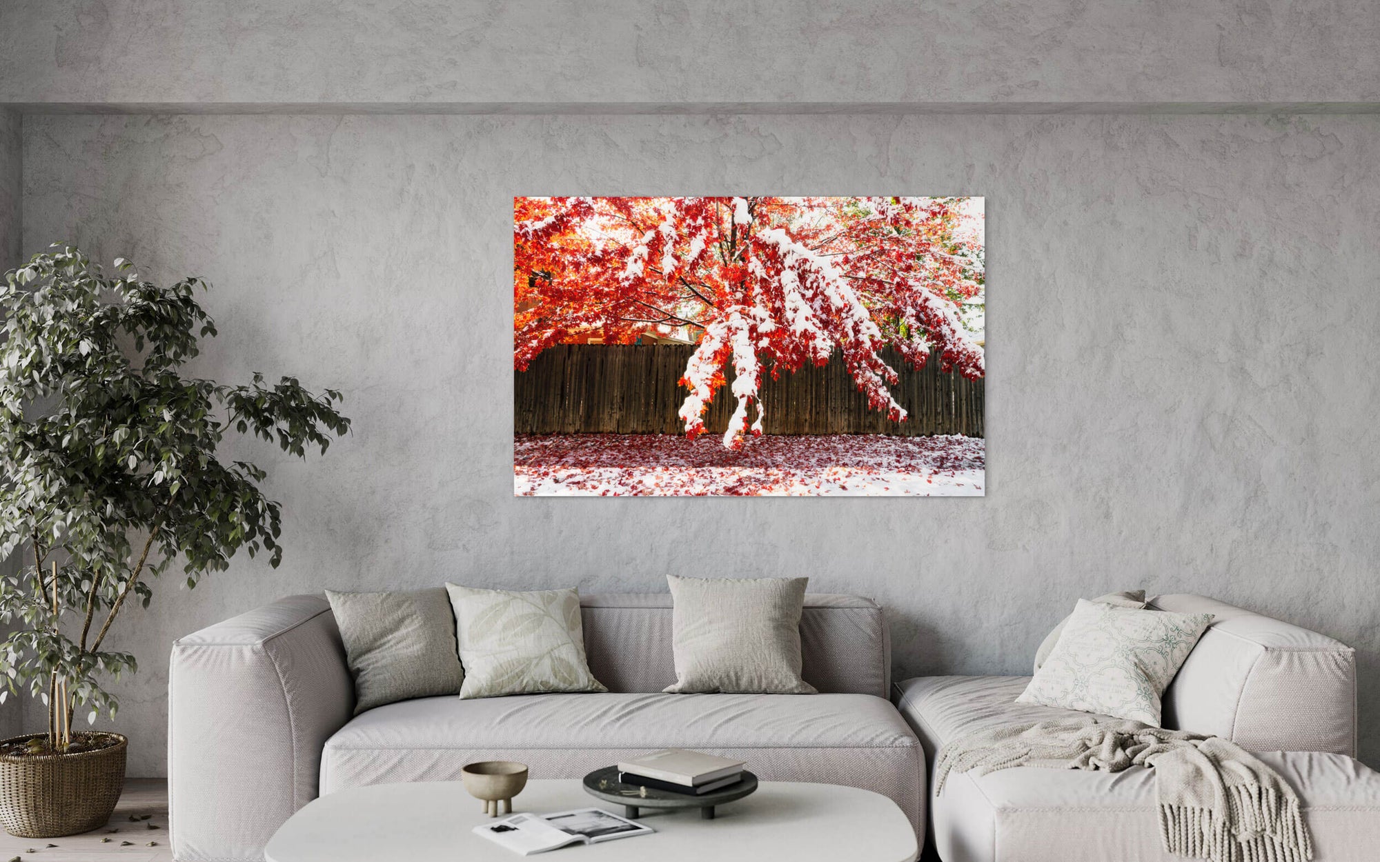 A fall colors picture from the Denver Highlands neighborhood hangs in a living room.