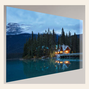 A piece of TruLife acrylic Banff art shows an Emerald Lake Lodge photo.