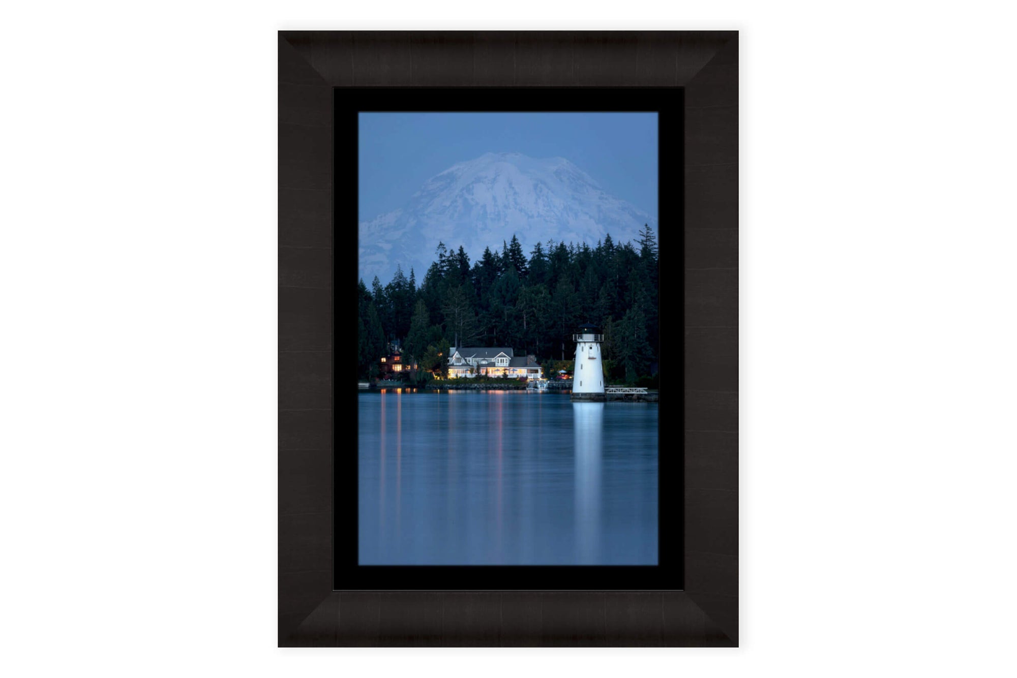 A framed Fox Island Lighthouse picture with Mount Rainier in the background.