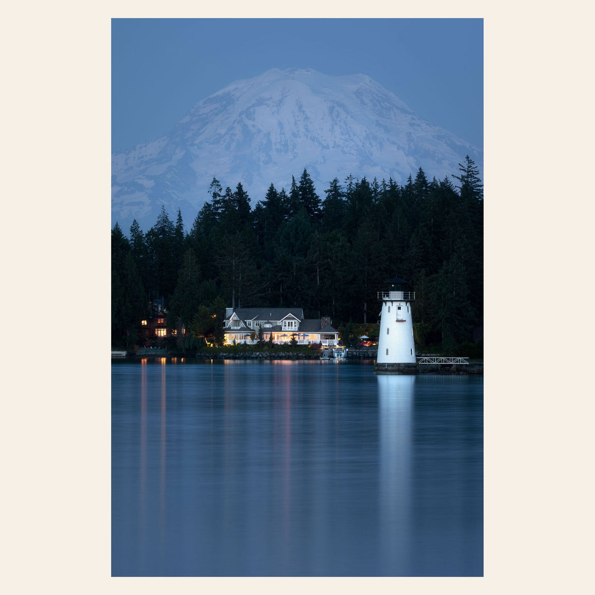 A piece of Seattle art shows the Fox Island Lighthouse with Mount Rainier in the background.