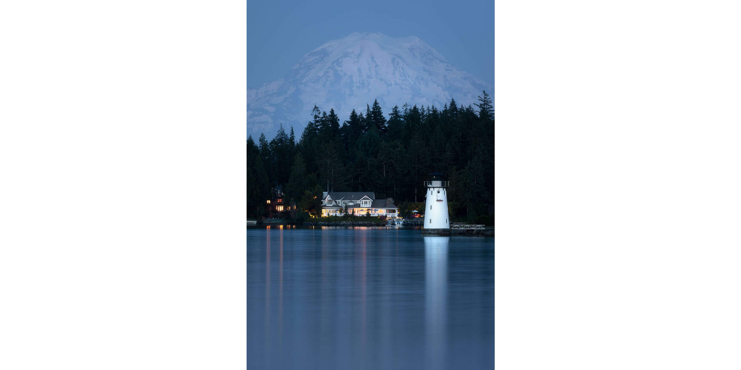 A Fox Island Lighthouse picture with Mount Rainier in the background.