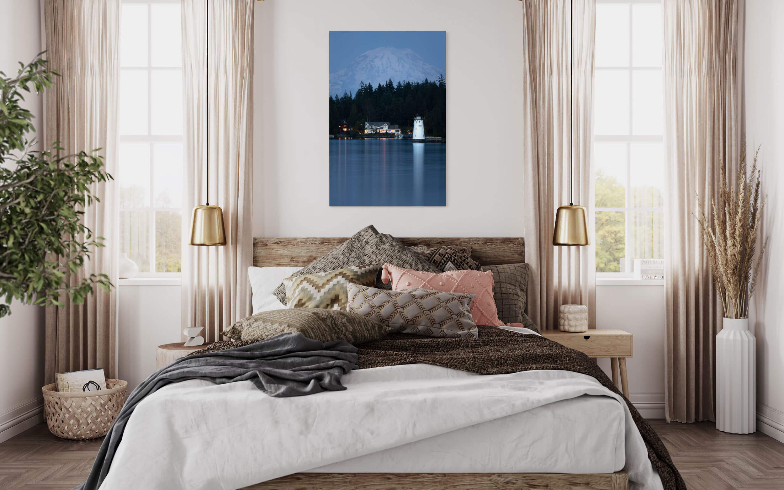A Fox Island Lighthouse picture with Mount Rainier in the background hangs in a bedroom.