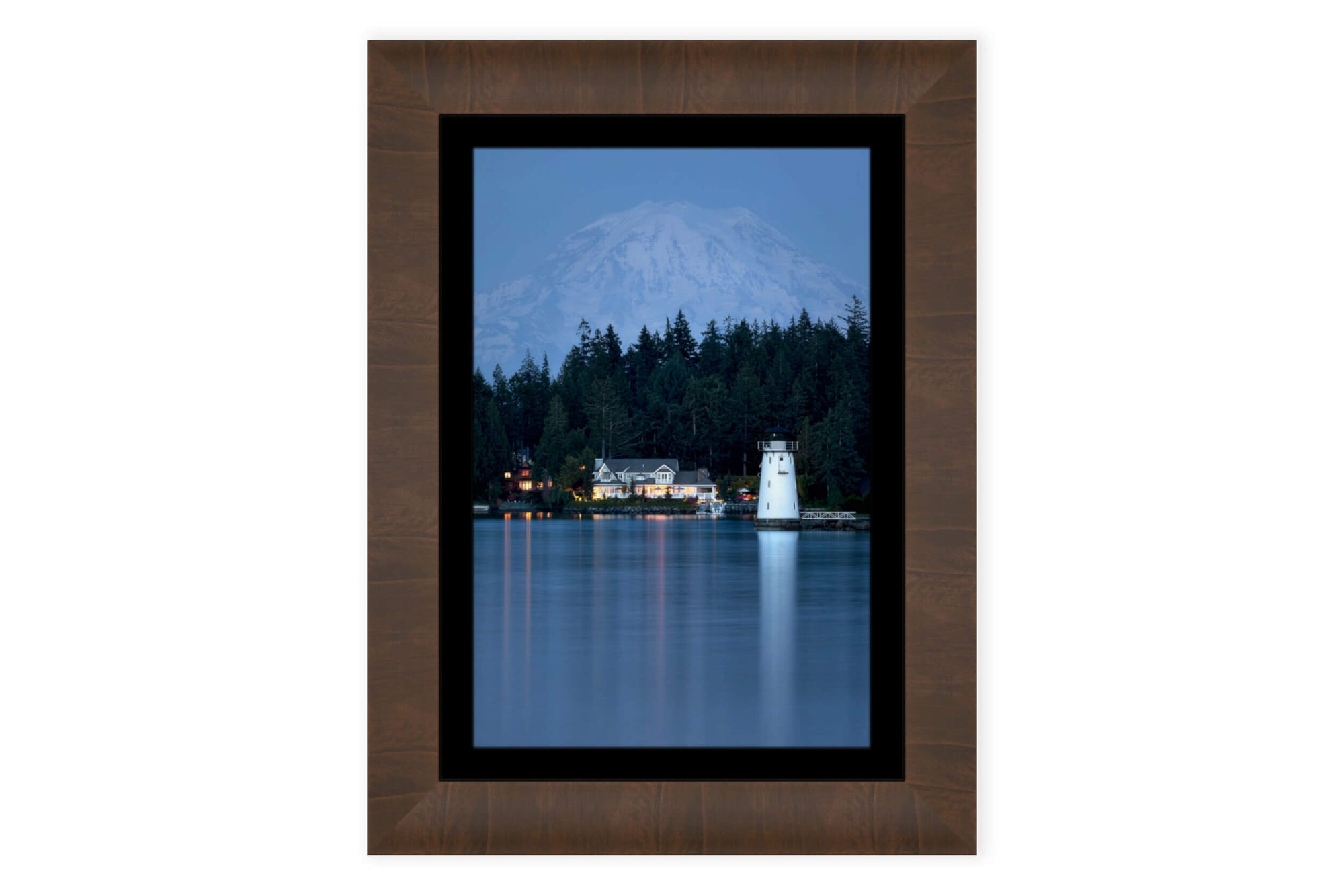 A framed Fox Island Lighthouse picture with Mount Rainier in the background.