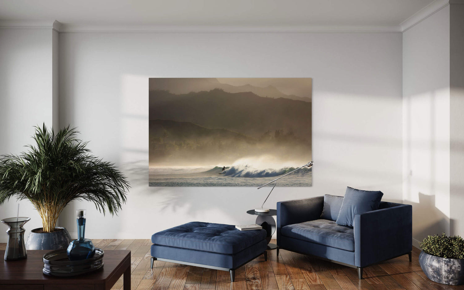 A Hanalei Bay surfing picture from Kauai hangs in a living room.