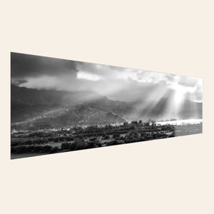 A piece of TruLife acrylic Hanalei black and white Kauai art hangs in an entryway.