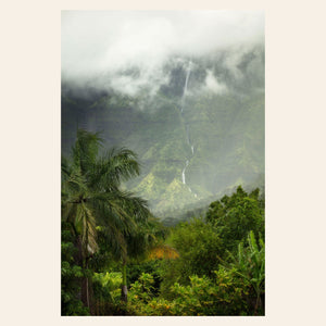 This piece of Kauai art shows the mountains seen from Hanalei.