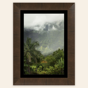 A piece of framed Kauai art showing the mountains seen from Hanalei.