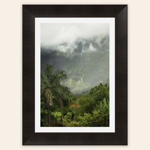 A piece of framed Kauai art showing the mountains seen from Hanalei.