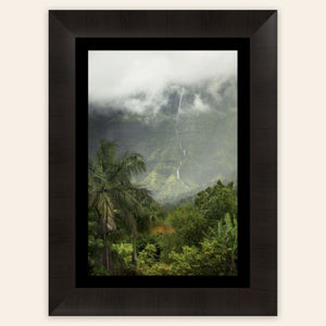 A piece of framed Kauai art showing the mountains seen from Hanalei.