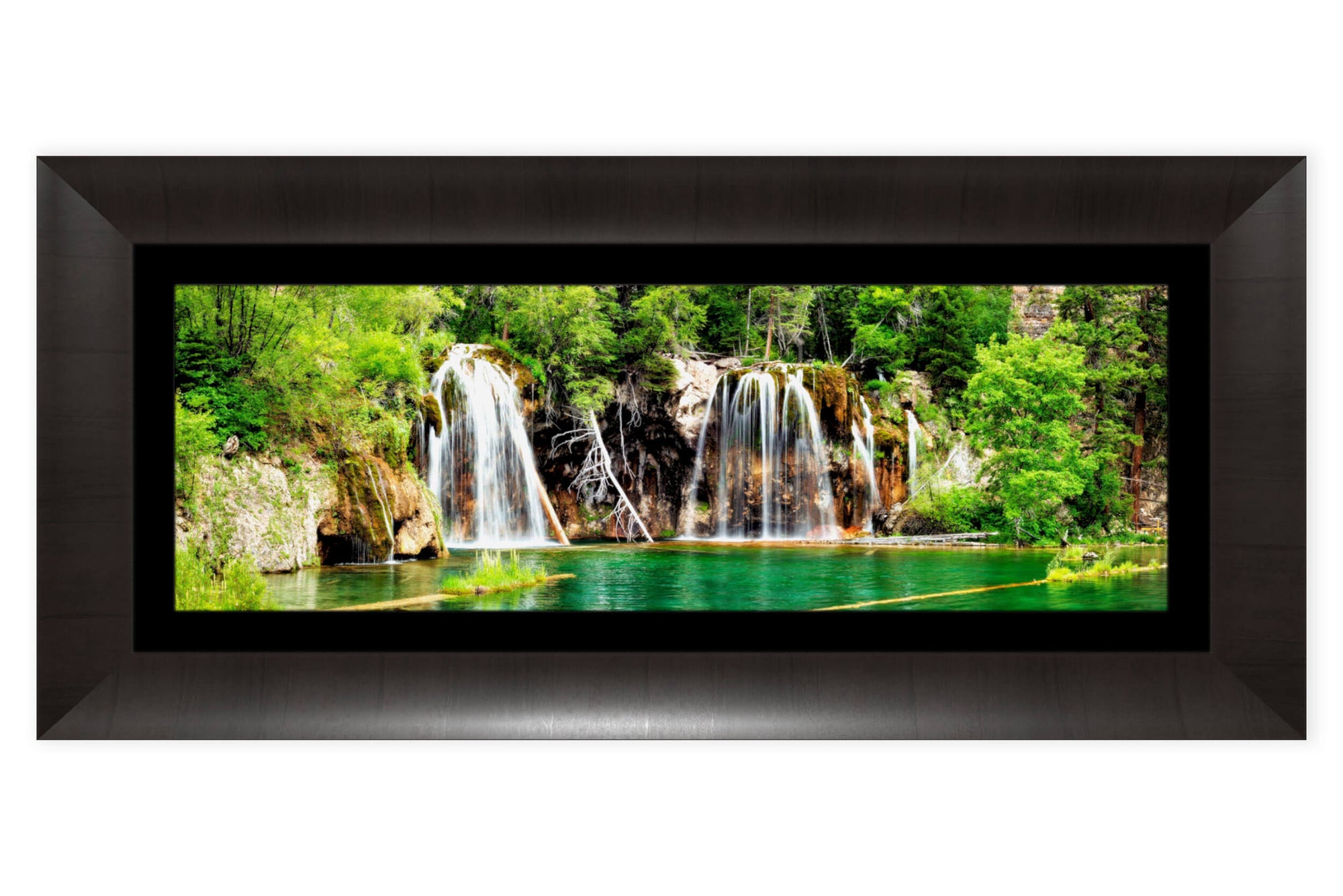 A framed waterfall picture of Hanging Lake in Colorado.