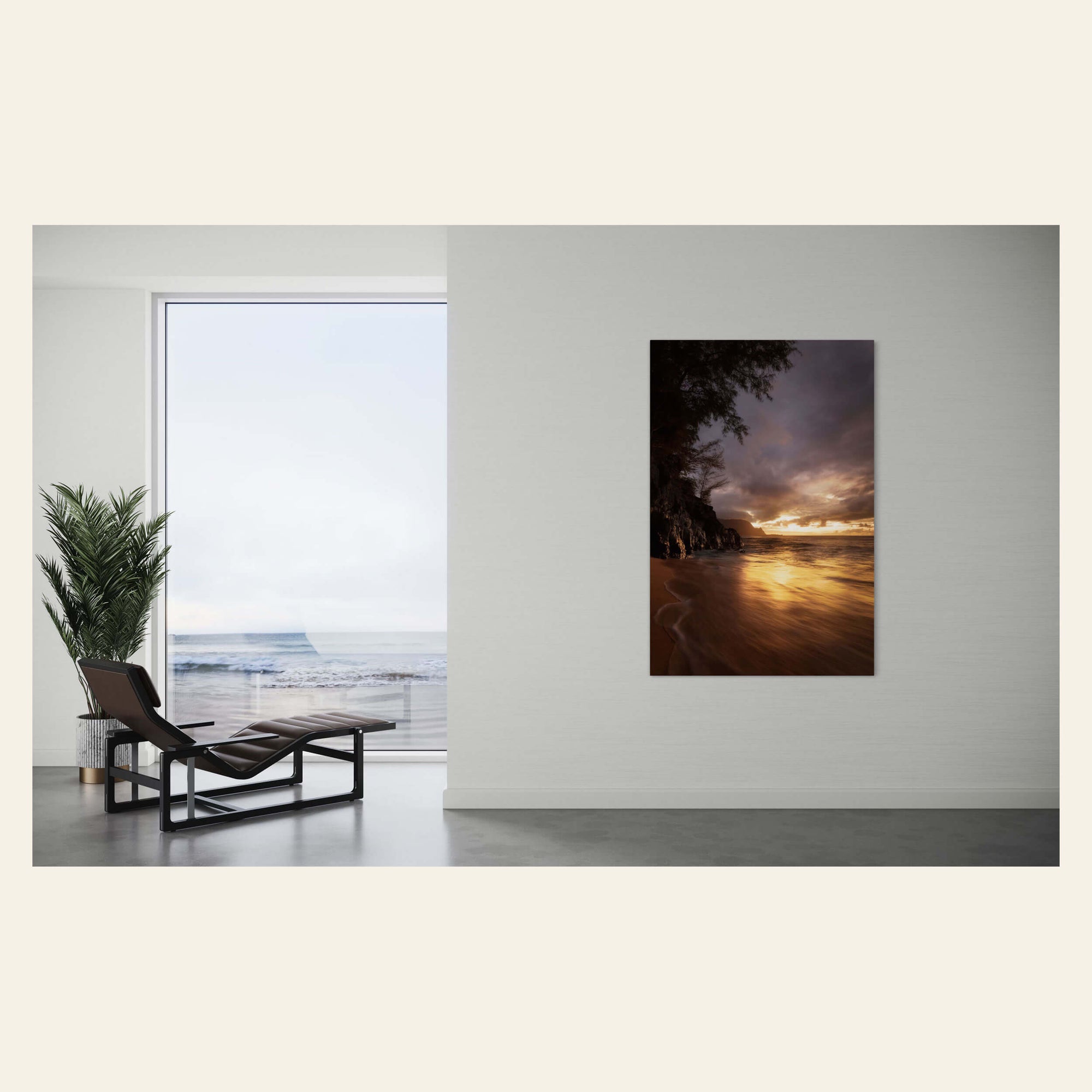 A sunset picture from Hideaway Beach in Princeville, Kauai, hangs in a living room.