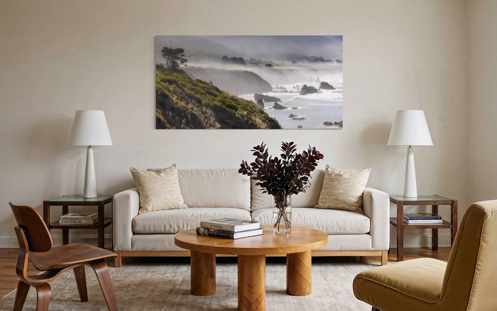 A Highway 1 photo from California hangs in a beautiful sitting area. | Lars Gesing Fine Art | Coastal Wall Art