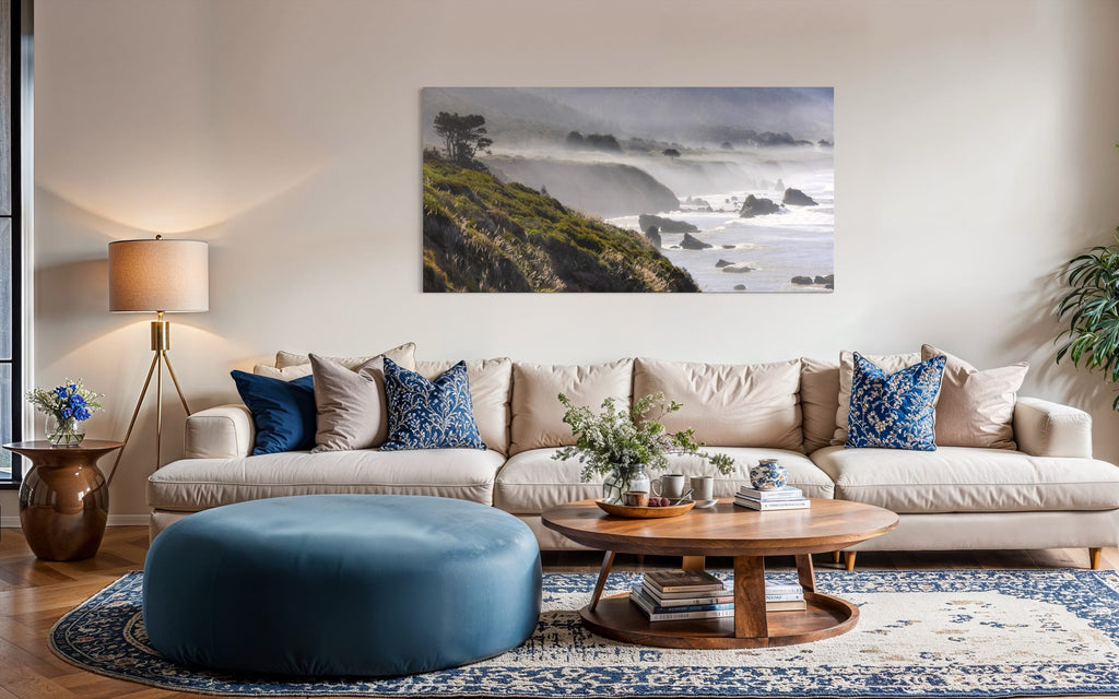 A Highway 1 photo from California hangs in a coastal-inspired living room. | Lars Gesing Fine Art | Coastal Wall Art