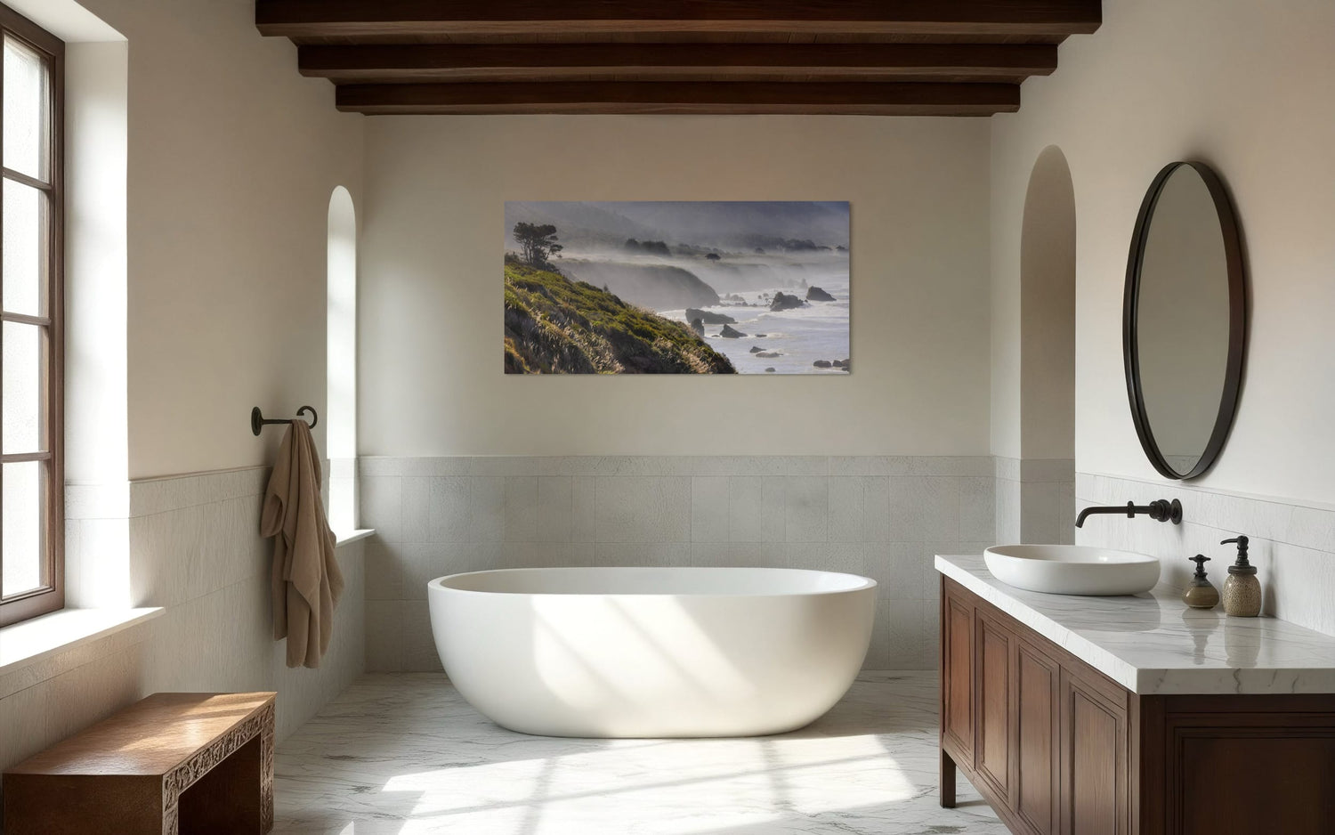 A Highway 1 photo from California hangs in a bathroom. | Lars Gesing Fine Art | Coastal Wall Art