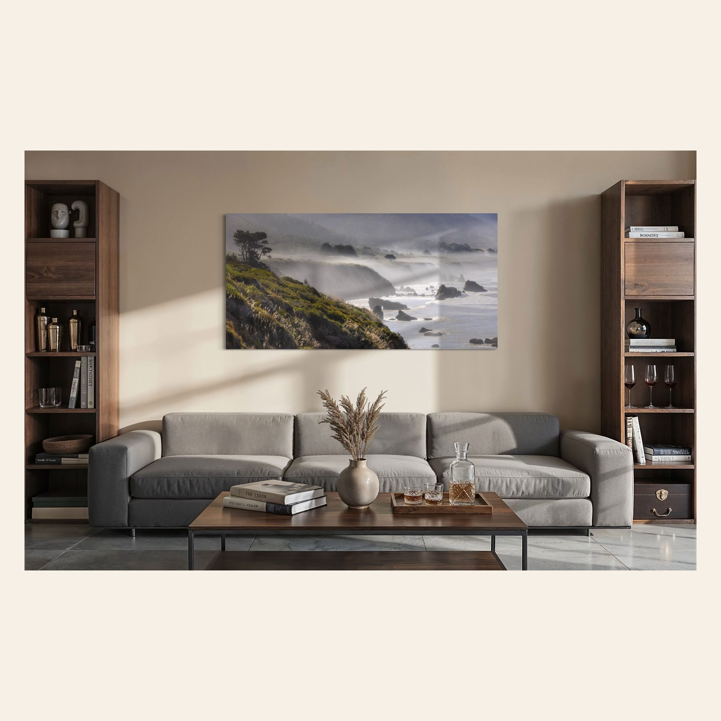 A Highway 1 photo from California hangs over a couch. | Lars Gesing Fine Art | Coastal Wall Art
