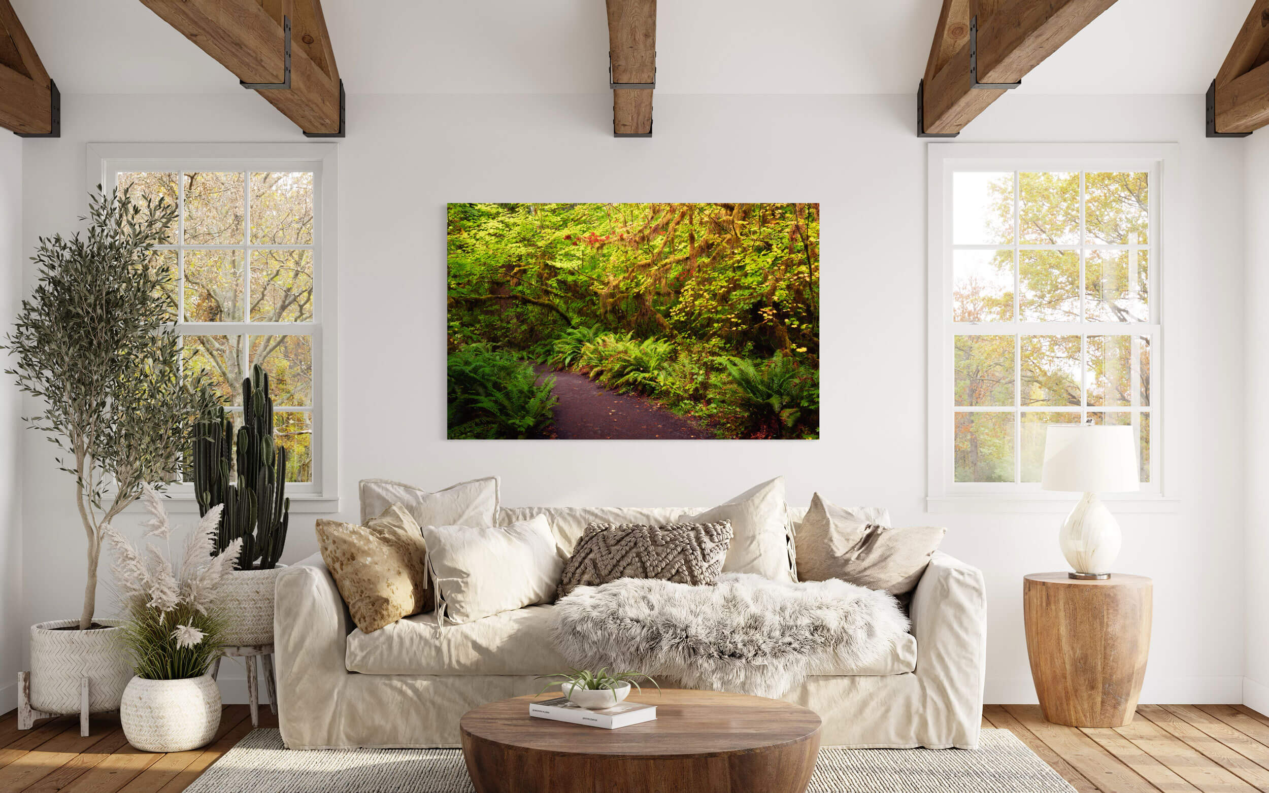 A Hoh Rainforest picture taken on an Olympic National Park hike hangs in a living room.