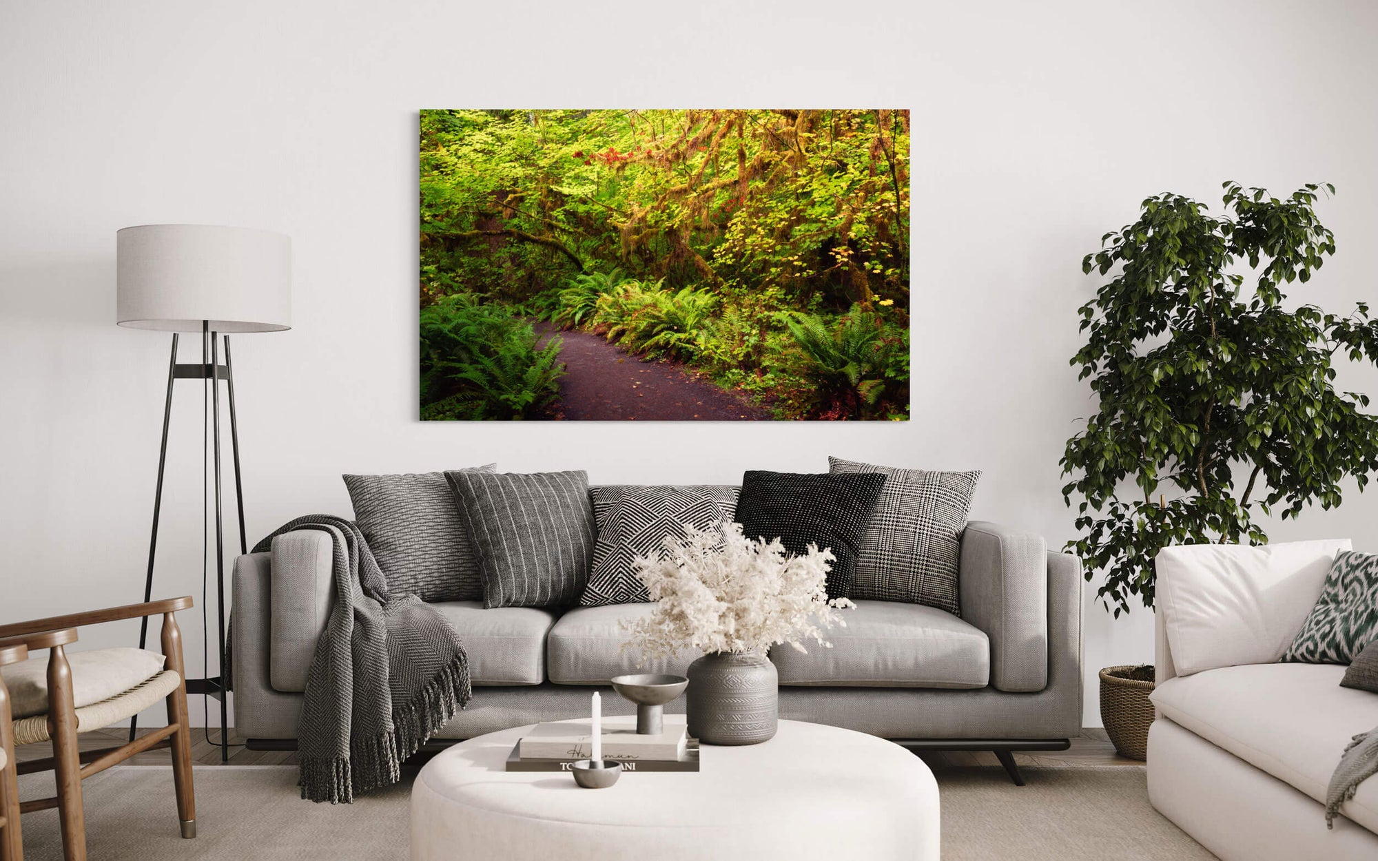 A Hoh Rainforest picture taken on an Olympic National Park hike hangs in a living room.