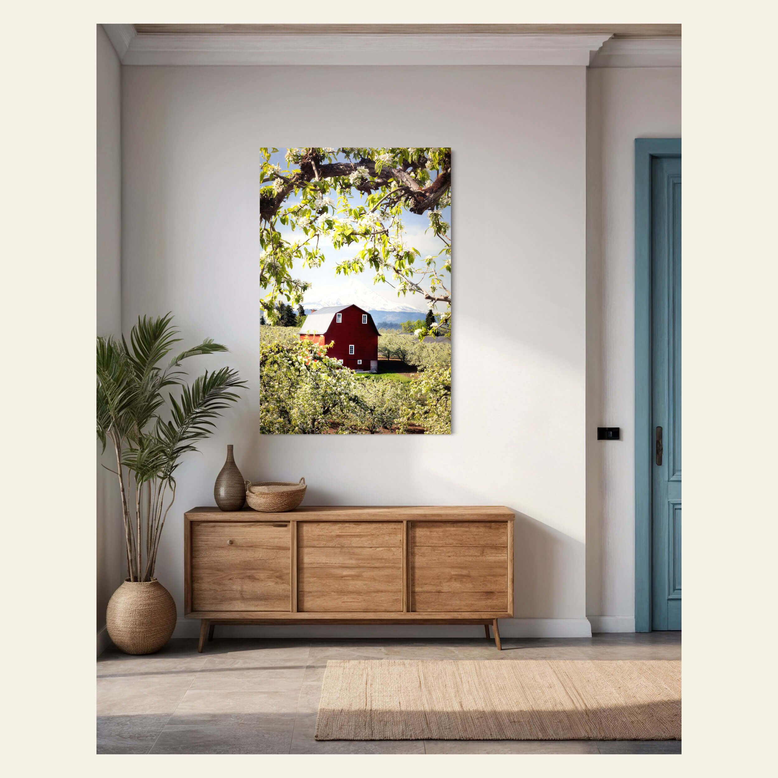 A Hood River orchard picture with Mount Hood hangs in an entryway.