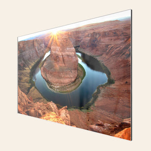 A piece of TruLife acrylic Arizona art shows a Horseshoe Bend sunset picture.