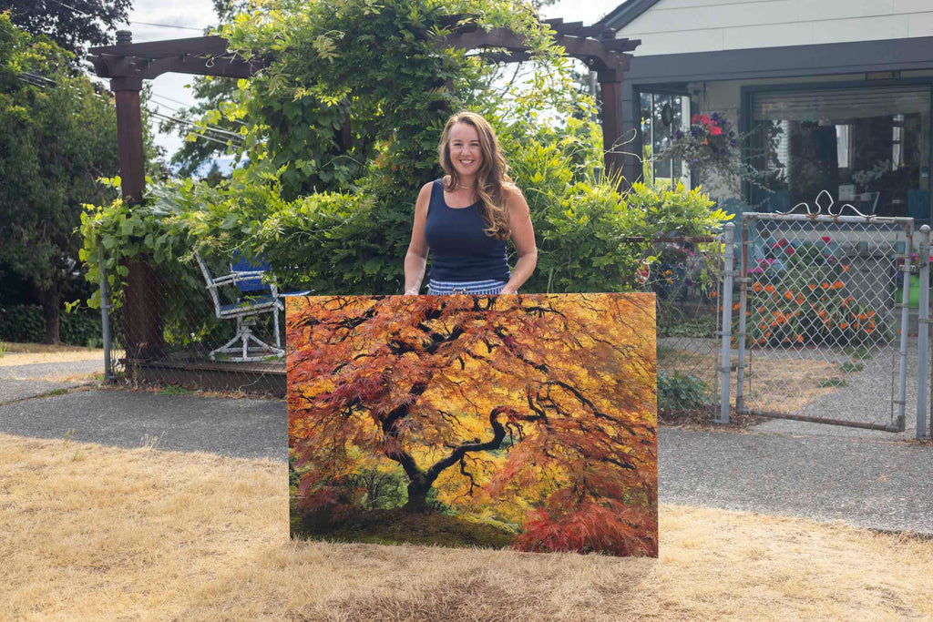 A collector with a piece of Japanese maple art from West Seattle artist Lars Gesing.
