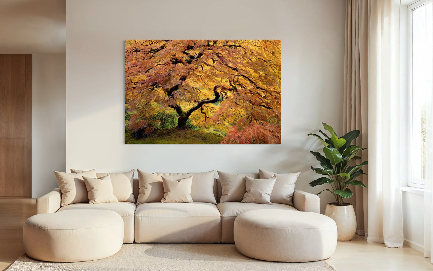 A Lars Gesing fine art photograph of a Japanese maple tree hangs in a living room.