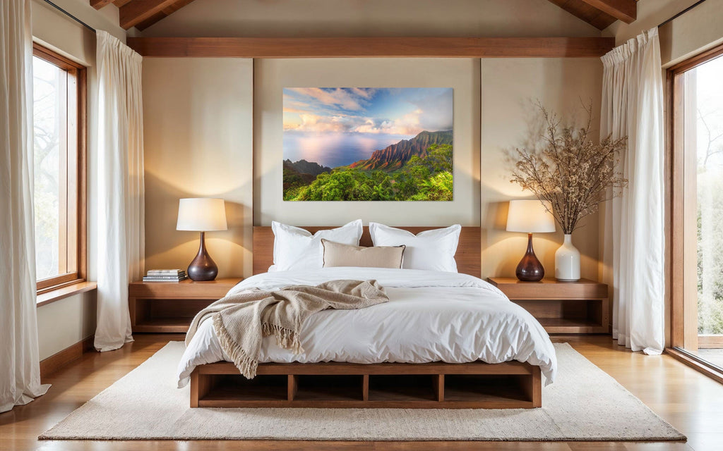 A piece of Kauai art showing a photo of sunset at the Napali Coast as seen from the Kalalau Valley Overlook hangs in a bedroom.