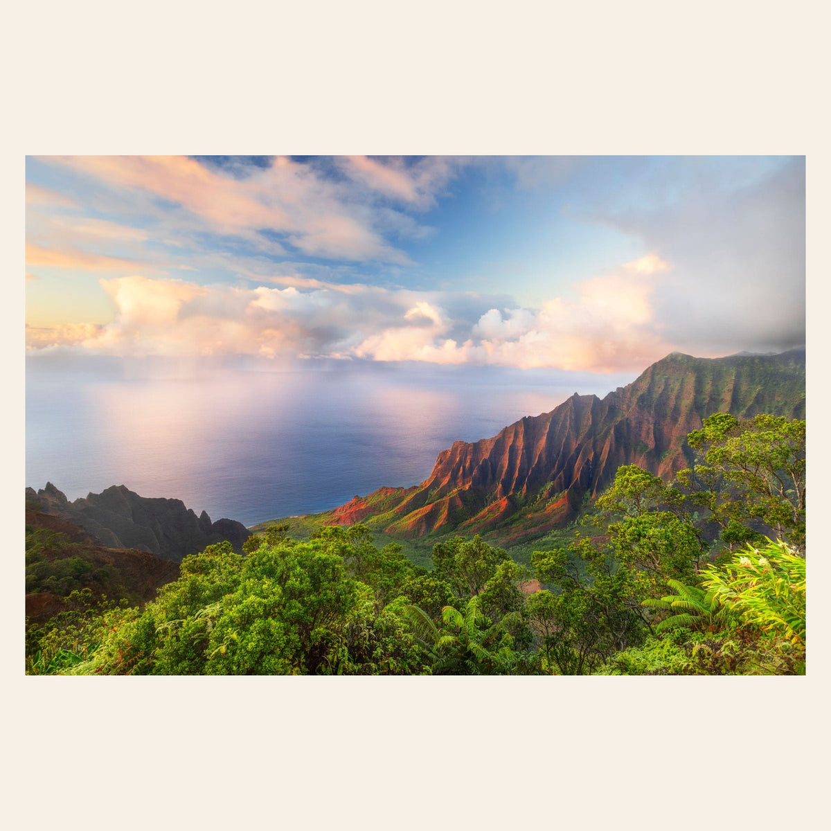 A piece of Kauai art shows a photo of sunset at the Napali Coast as seen from the Kalalau Valley Overlook.
