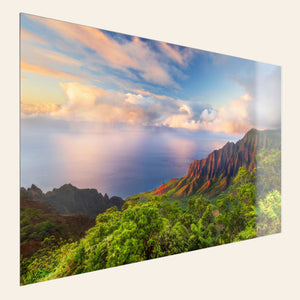A piece of TruLife acrylic Kauai art shows a photo of sunset at the Napali Coast as seen from the Kalalau Valley Overlook.