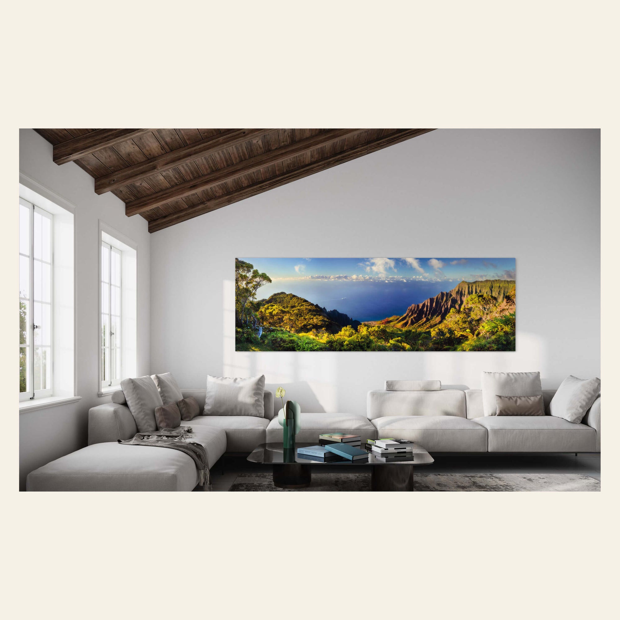 A Napali Coast picture shows the Kalalau Valley on Kauai hangs in a living room.