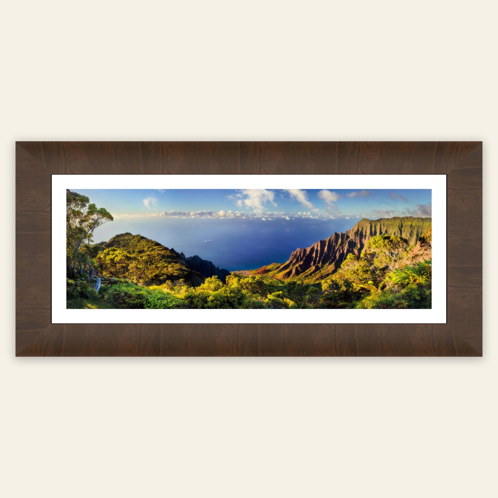 A framed Napali Coast picture shows the Kalalau Valley on Kauai.