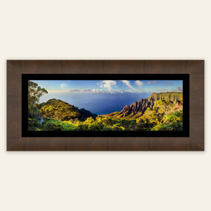 A framed Napali Coast picture shows the Kalalau Valley on Kauai.