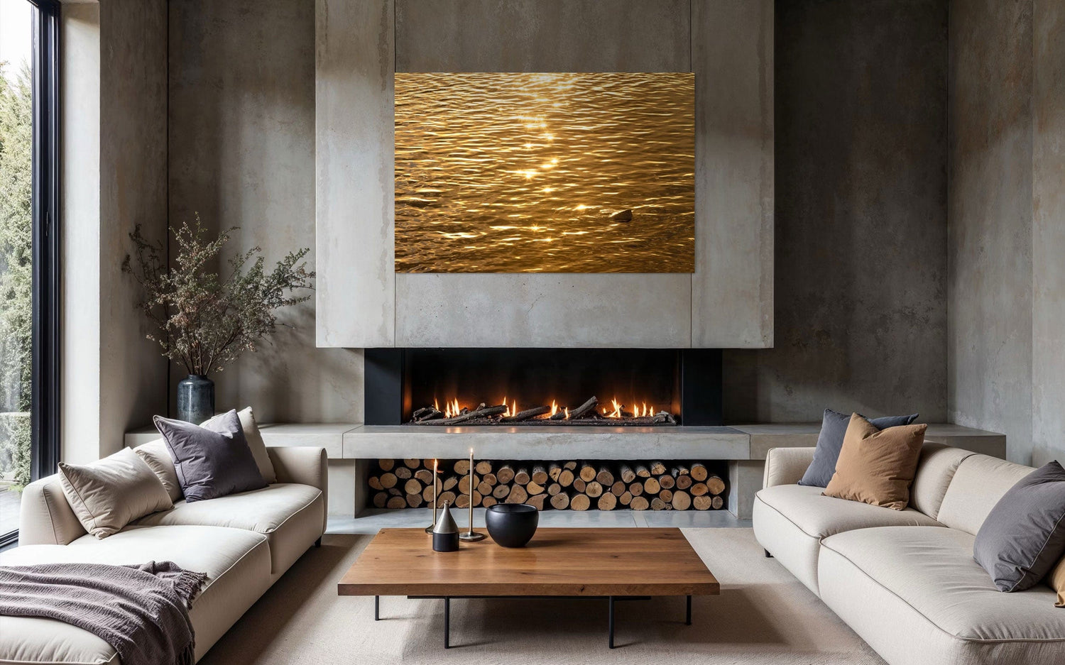 A piece of Kauai art showing a photo of a Kapaa sunrise reflected in the water hangs above a modern fireplace.