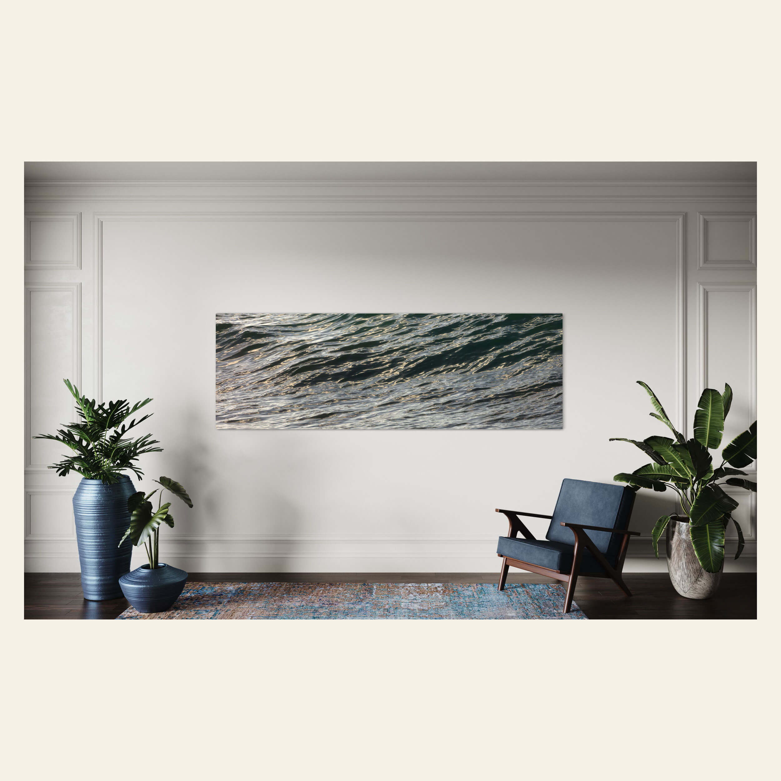 An ocean picture from Kauai hangs in a living room.