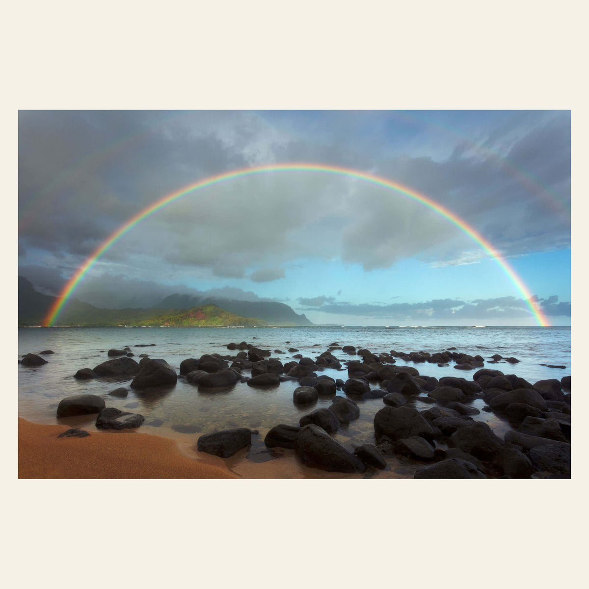 A double rainbow picture at Puu Poa Beach at Hanalei Bay Resort in Kauai.
